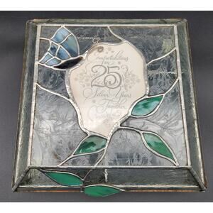 Stained Glass 25th Anniversary Keepsake Box Green Leaves Butterfly 10.75" Heavy